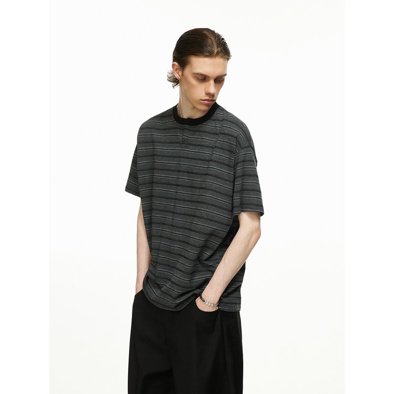 Men's American Retro Striped Henley Collar Short-Sleeve T-Shirt, New Summer Style, Loose Casual Pure Cotton Regular Shoulder T-Shirt