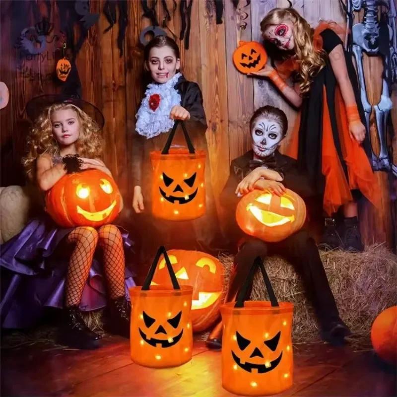 1-20PCLED Light Up Halloween Pumpkin Candy Tote Bag Basket for Kids Trick or Treat Party Bucket for Holiday Event Decoration Use