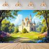 1pc Spring Fairy Tale Castle Background Polyester Banner a Beautiful Castle In the Spring Garden. Party Background Decoration