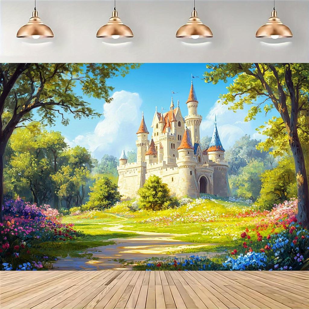 1pc Spring Fairy Tale Castle Background Polyester Banner a Beautiful Castle In the Spring Garden. Party Background Decoration