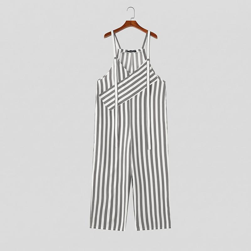 INCERUN Men V Neck Sleeveless Strap Button Up Striped Casual Long Rompers Jumpsuits Overalls S серый