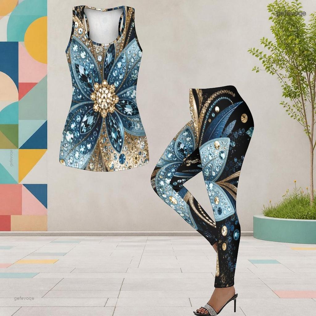 Women Plus Size Two Piece Set Scoop Neck Sleeveless Printed Tank Top Fitted Black Gold Leggings
