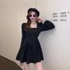 Small square neck French puffy dress autumn and winter bottoming waist pure desire Hepburn style small black dress new