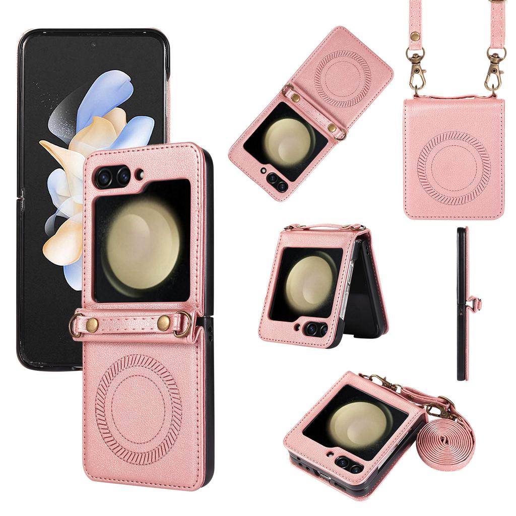 Applicable To Samsung Z Flip6 Mobile Phone Case Zflip5 Solid Color New Magnetic Suction Leather Case Diagonal Straddle Rope Mobile Phone Case