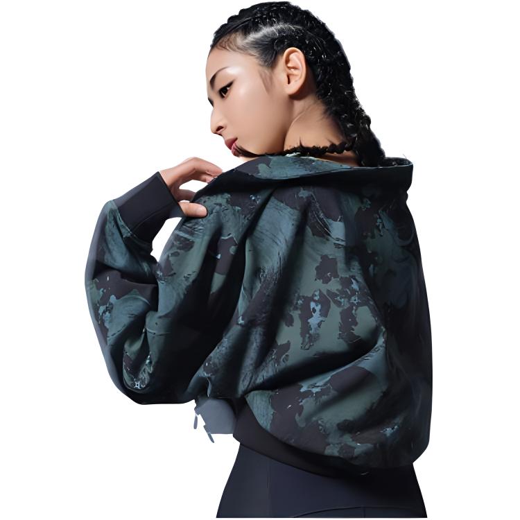 Li Ning Fitness Series Full Print Zipper Stand Collar Sweatshirt Women Sweatshirts Cloud-Green Dark-Green Black AWDU472-4
