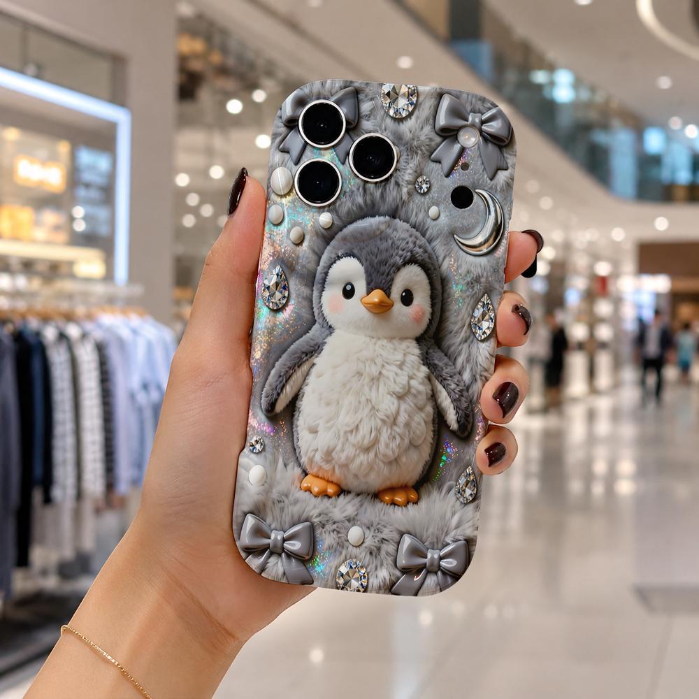 Cute Penguin Bow Rhinestone Pearl Wavy Edge Phone Case For iPhone 17 16 15 14 13 12 11 8 7 Plus Pro Max Bling Soft Cover