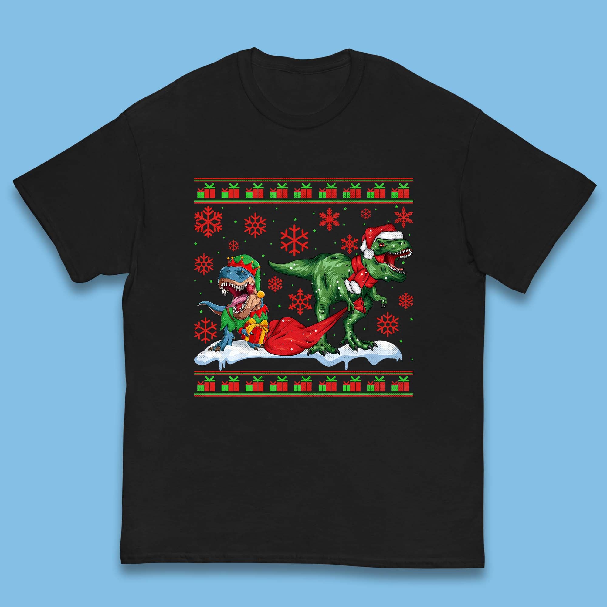 Christmas T-rex Dinosaur Wearing Santa & Elf Costume Kids T Shirt 150