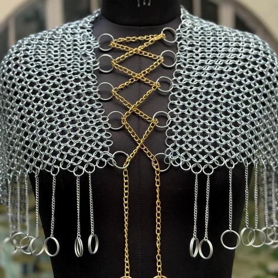 Edgy Chainmail Body Armor Set Silver Statement Top  Skirt for Festival, Cosplay And Layered Fashion