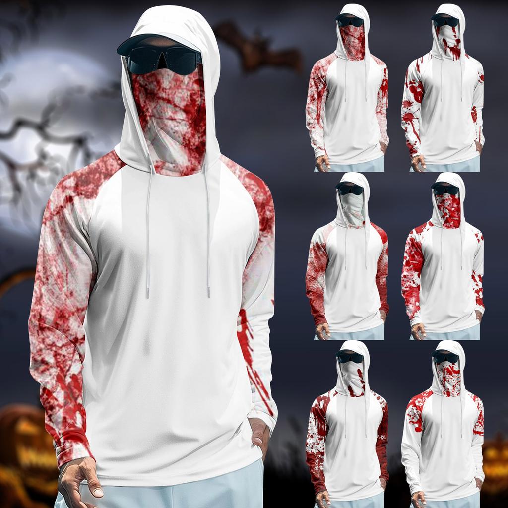 Erkaklar uchun Performance Baliq Ovlash Raglan Halloween Printli Xudi - UPF 50+ UV Uzun Qisma Quyoshdan Himoya Ko'ylak Mesh Vizor bilan