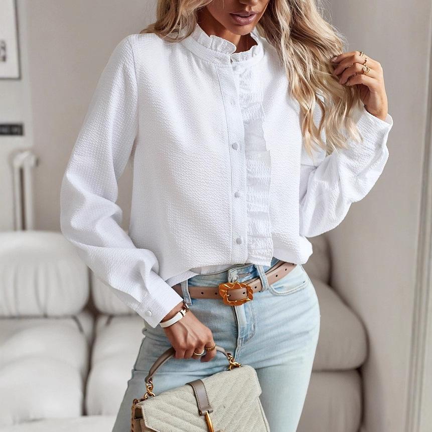 Women's Autumn Ruffle Placket Long Sleeve Blouse Striped Button Down Stand Collar Crinkled Casual Office Daily Wear Shirt Top
