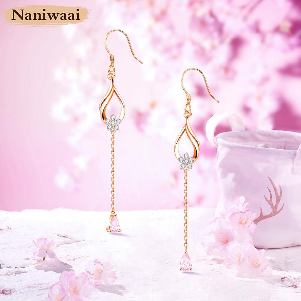 Naniwaai Oblíbené visací kameny s třešňovým květem Hypoalergenní, dlouhé květinové šperky Dámské náušnice, říjen, náušnice, háček, náušnice, stříbrné