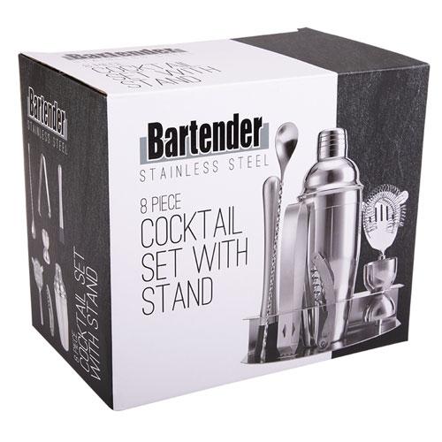 Barmanský 8dílný koktejlový set z nerezové oceli se stojánkem