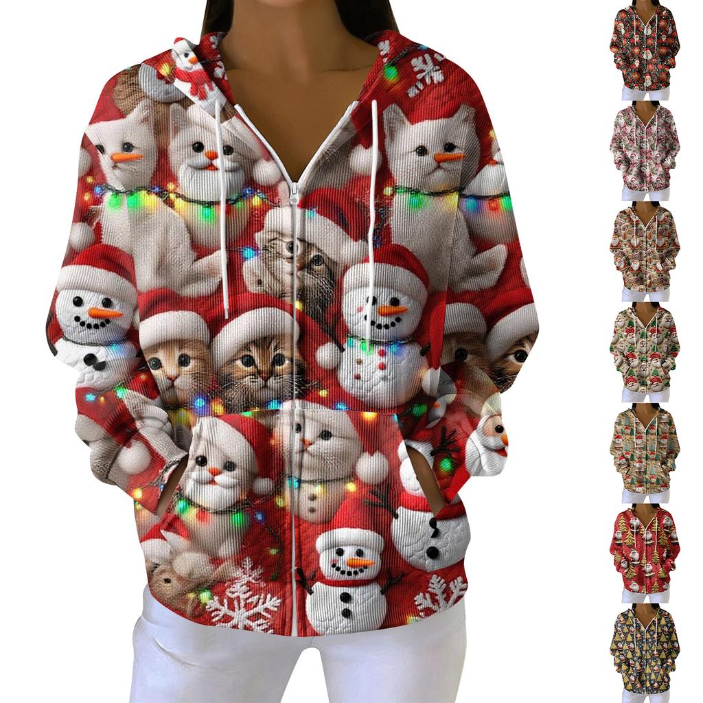 Women's Casual Fashion Long-Sleeved Zip-Up Christmas Print Knitted Hoodie