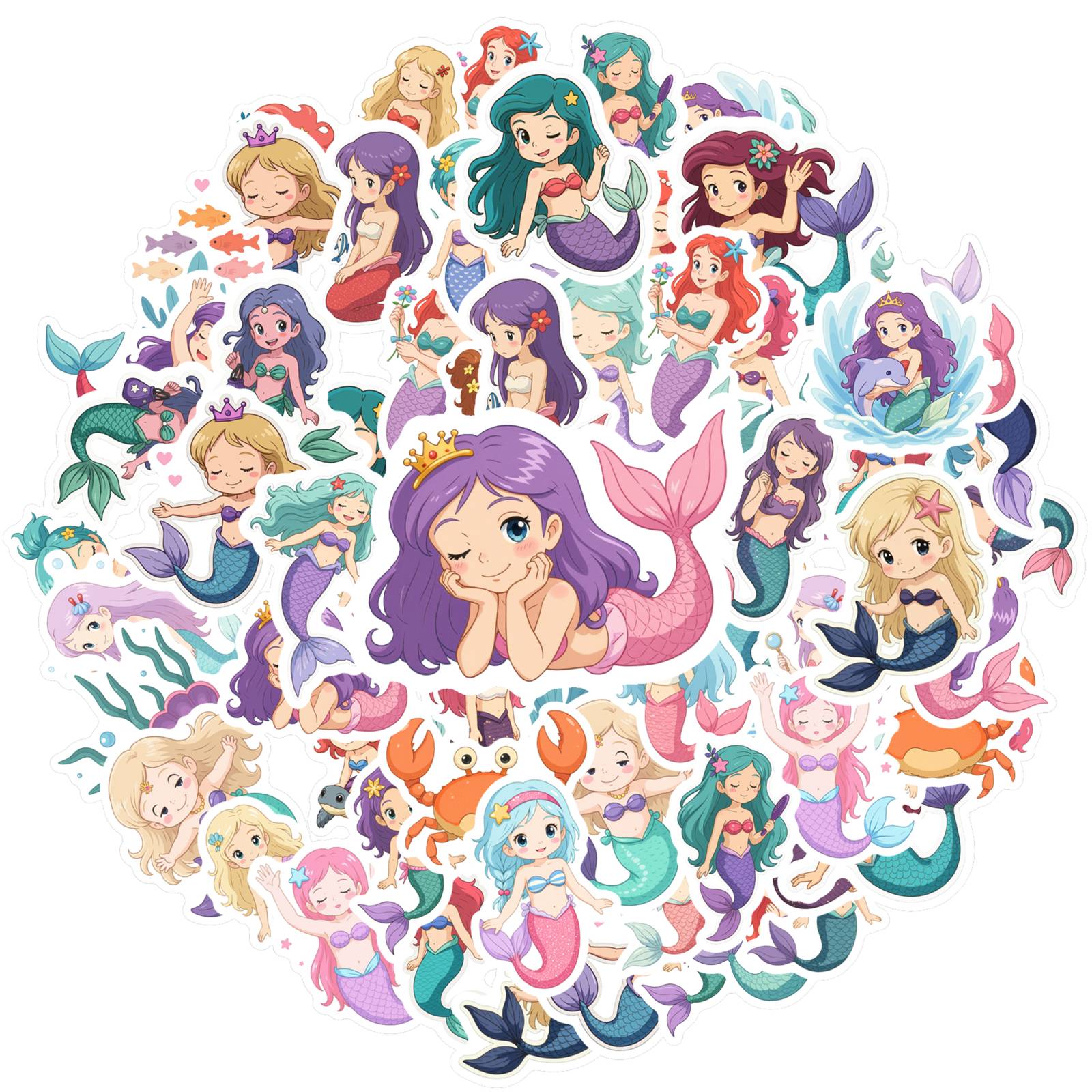35pcs-50pcs Cute Fantasy Stickers Colorful Mermaid Stickers Fantasy Stickers For Notebook Luggage Mobile Phone Cup Guitar