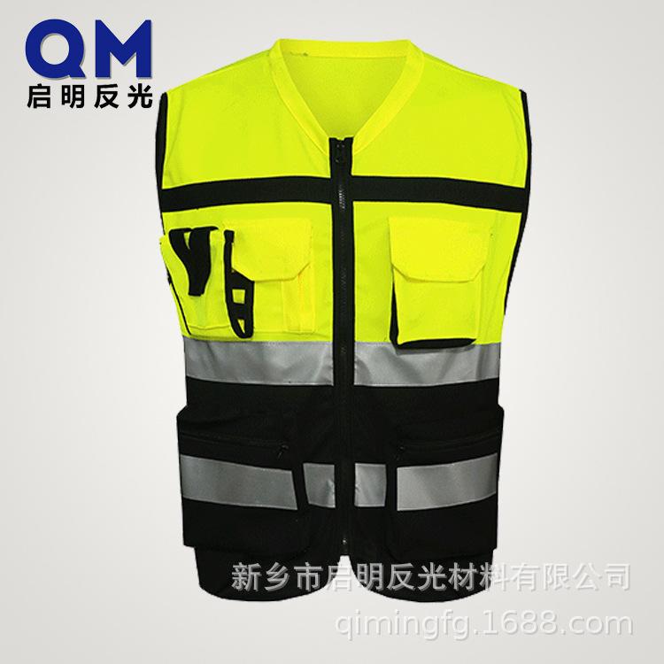Round-neck reflective walkie-talkie vest for highway and construction leaders. Red-Black Patchwork