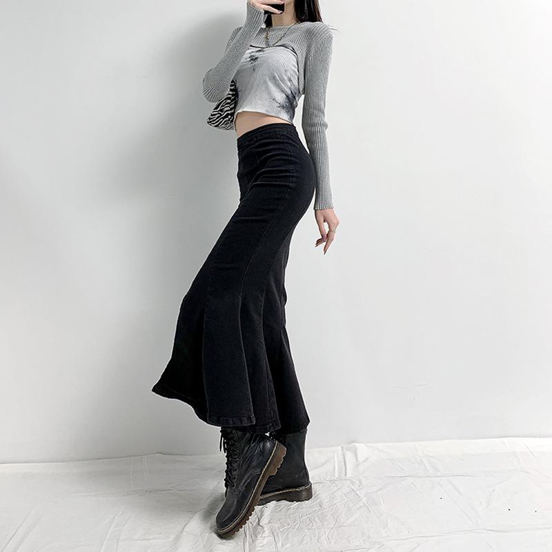 

Эластичная джинсовая миди-юбка с высокой талией для женщин на лето, с разрезом, оборкой и дизайном «рыбий хвост» - облегающий стиль бодикон. Large чёрный