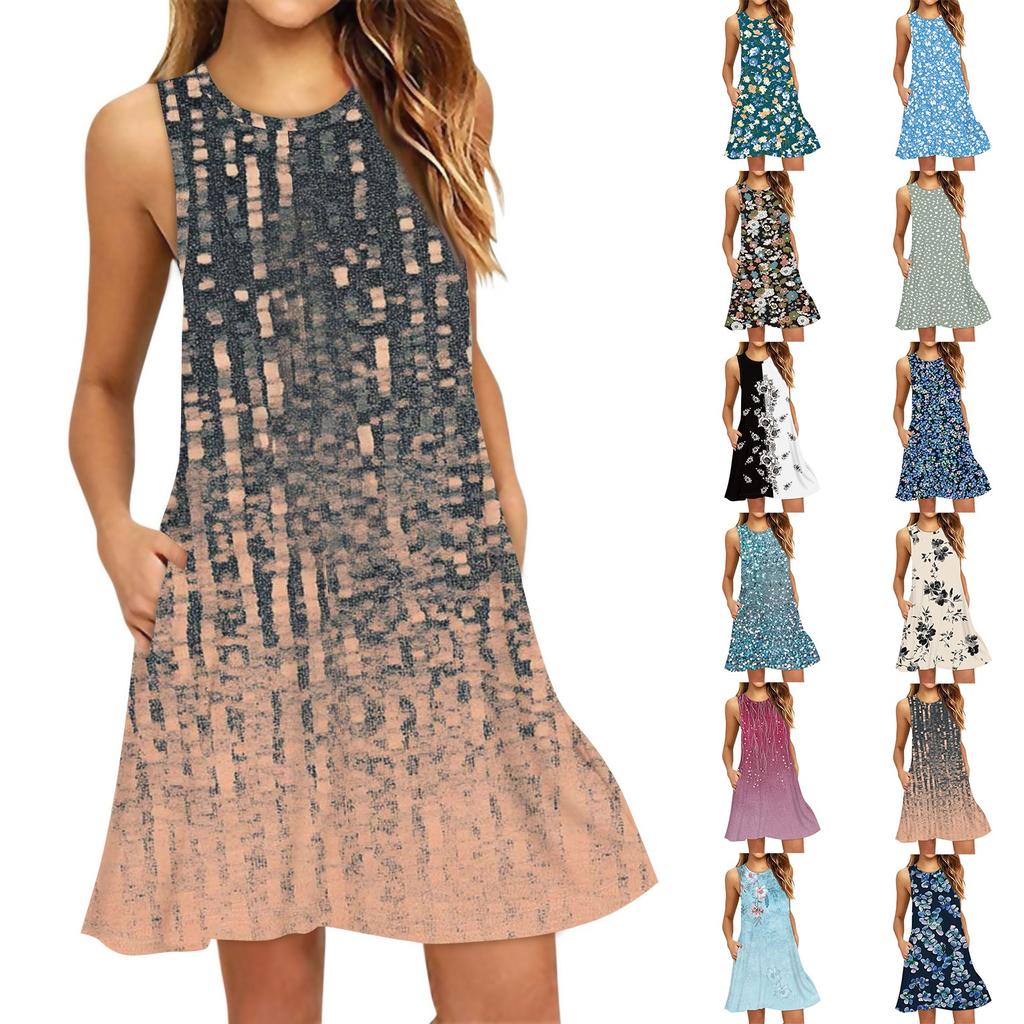 Women's Fashion Beach Dress Sleeveless Round Neck Floral Print Dress