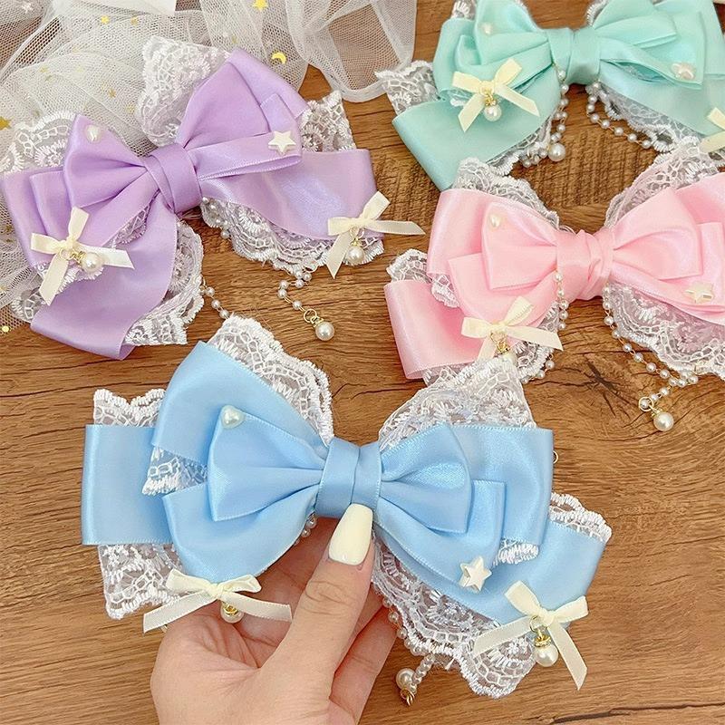 Cute Gilrs Lolita Pink Bow Headpiece Large Lace Bow Pearl Pink Kc Cute Princess Headwear Lolita Hair Clip Hair Accessories