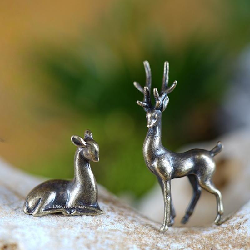Copper Alloy Sika Deer Tabletop Small Ornaments Vintage Animal Figurines Desk Decorations Accessories Home Decor Crafts