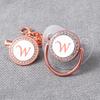 Transparent Rose Gold Letter Baby Pacifier with Diamond Design and Chain Clip