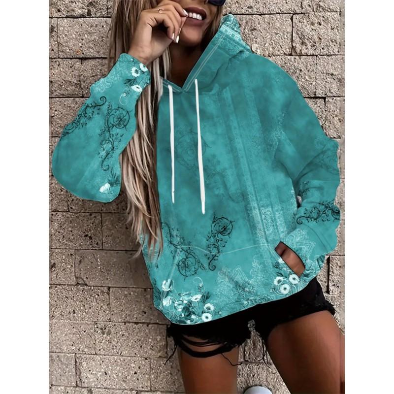 Womens Floral Print Hooded Sweatshirt Soft Comfortable Casual Pullover Daily Wear