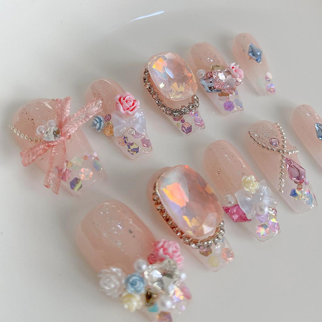 Clear Pink Fake Nails with Flash Glitter Natural-looking Easy To Take On and Apply for Women and Girl Nail Salon