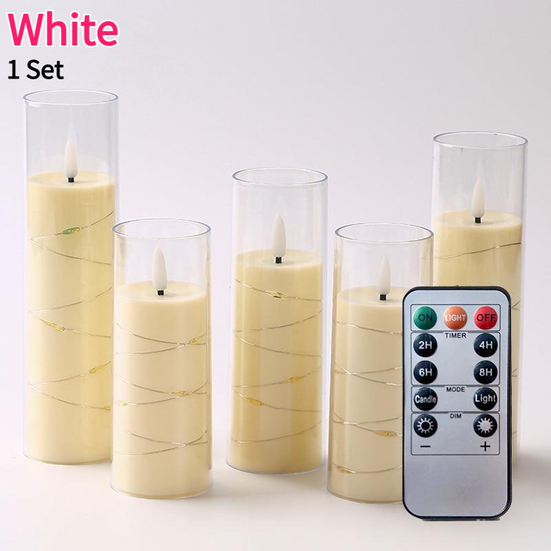 

Flameless Battery Operated Candles 5pcs Acrylic Flicker LED Flame Cylinder Remote Control Star String Lights Built in Home Decor