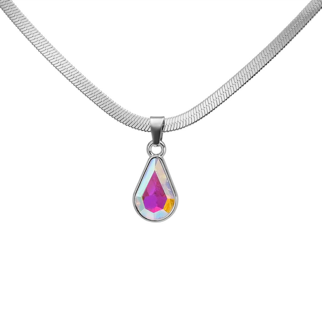 Stainless Steel Snake Chain Choker Handmade Necklace with Teardrop Crystal Charm Unique Clavicle Chain Accessories