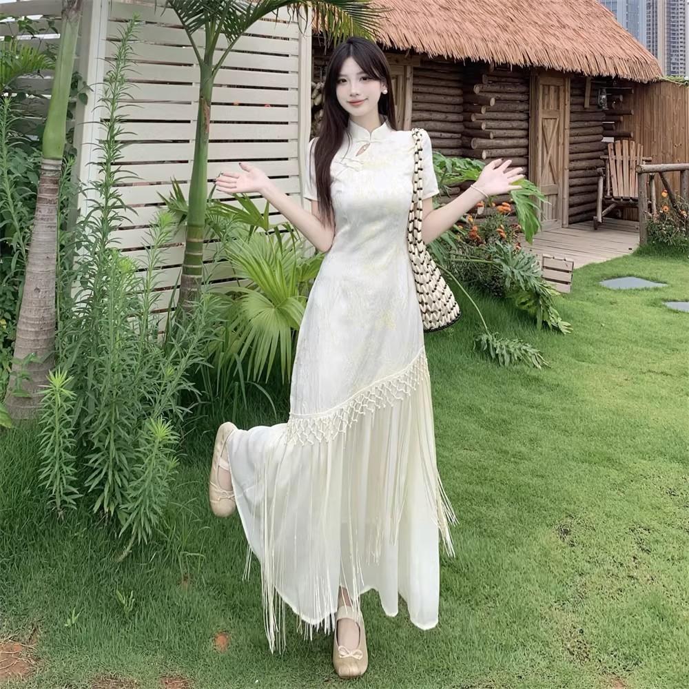 New Chinese style noble sense jacquard cheongsam improved dress temperament celebrity fringed design waist dress