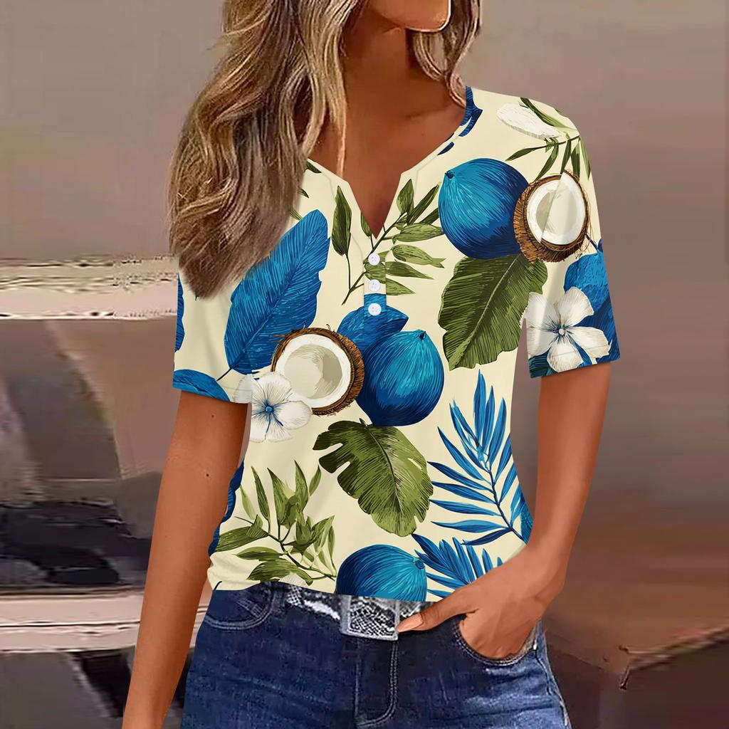 Women's fashionable casual Hawaiian print V-neck short-sleeved button-down T-shirt top
