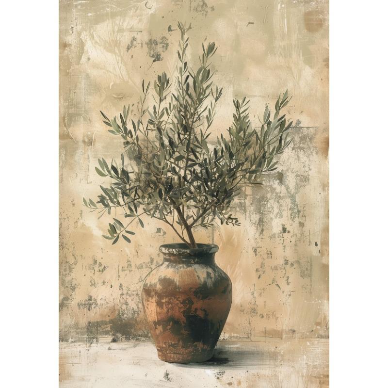 Mediterranean Antique Olive Branch Green Plant Rustic Kitchen Elegant Vase Poster Canvas Painting Wall Picture Home Decor