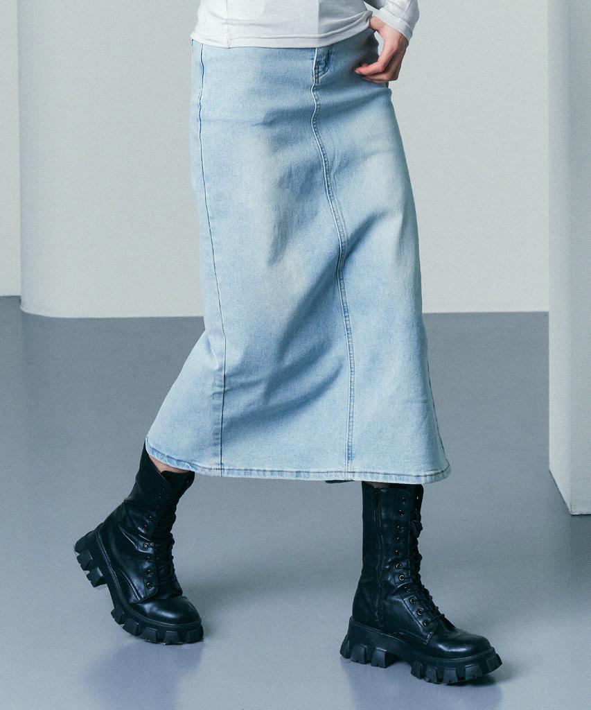 Np Studio Slit Washed Long Denim Skirt Light Blue