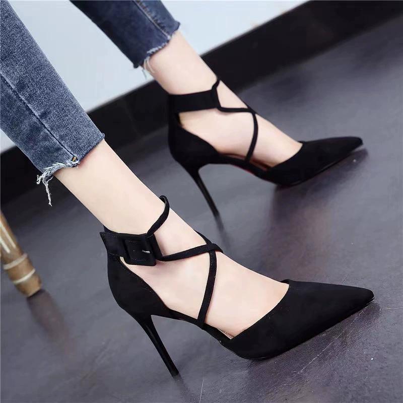 Sexy Pointed High Heels Women's Spring and Summer Temperament Cross-strap Single Shoes Suede Stiletto Shallow Mouth Women's Shoes