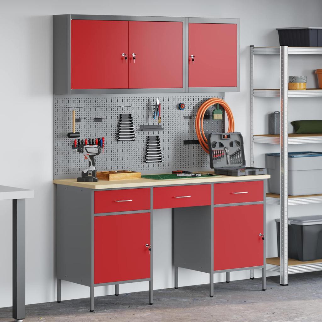 Workbench with Drawers 10 pcs Red Engineered Wood and Steel