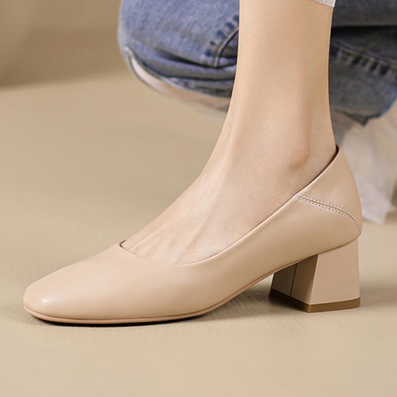 Women's Medium Heels Loafers Shoes 2025 New Fashion Elegant Nude Short Heeled Party Wedding Shoes Female Dress Pumps Large Size