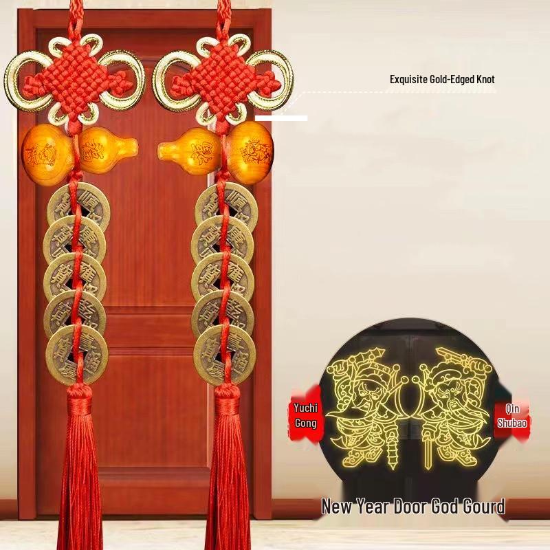 Fu Lu Men Shen Five Emperors Coins Pendant with Chinese Knot and Peach Wood Gourd - Antique Home Decor Solution for Door Alignment.