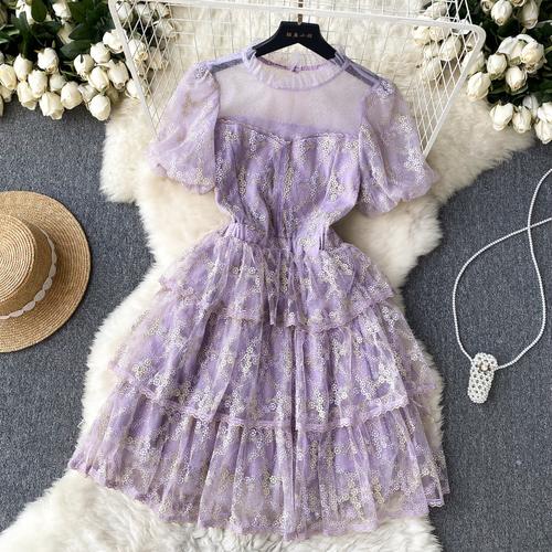 Summer Lace Hook Flower Embroidered Bubble Sleeve Dress for Womenfashion Slim Waist Dress Female A-line Cake Party Retro Dress