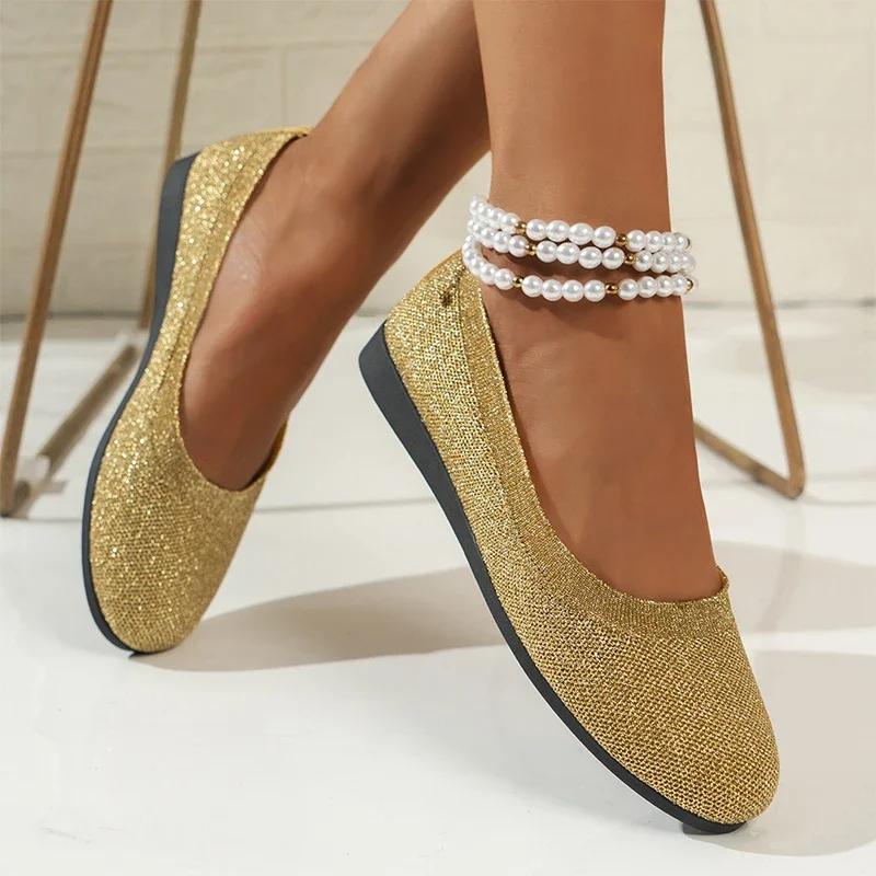 

Модные туфли на плоской подошве, трикотажные женские туфли, неглубокие туфли-лодочки 2024 года, модные повседневные туфли для прогулок на осень, классические удобные туфли-лоферы для женщин Zapatos 43 золотой
