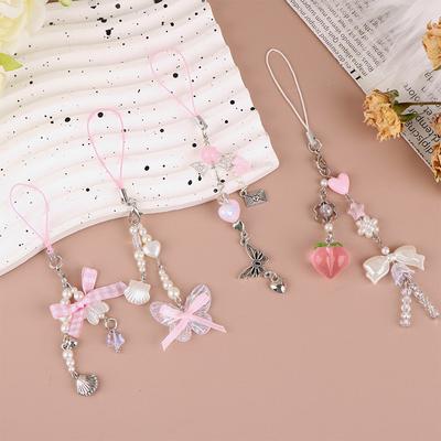 Chaîne de téléphone portable en forme de nœud papillon pêche douce, pendentif en forme de cœur, étui pour écouteurs, corde de suspension anti-perte, lanière de sac décorative