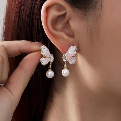Blue Gradual Change Crystal Butterfly Stud Earrings Women Pearl Earrings Niche Design Light Luxury High Sense Earrings