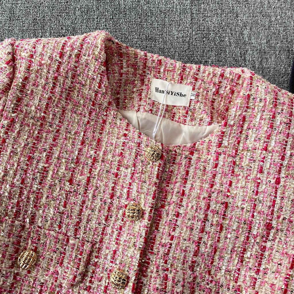 Autumn Winter Women Elegant Little Fragrant Wind Full Sleeve Single Breasted Plaid Tweed Short Jacket Coat