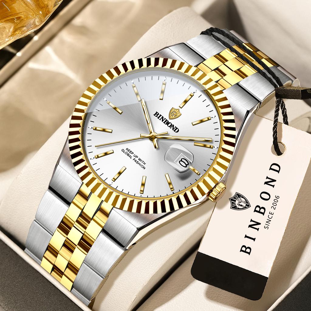 BINBOND Stainless Steel Luminous Waterproof Watch For Man Luxury Reloj Original Accurate Quartz Men's Watches Auto Date Sturdy