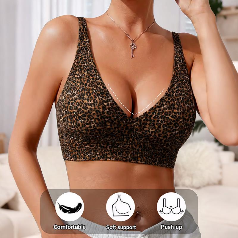 Women Leopard Print Seamless Wireless Bra, Deep V U-Back Adjustable Strap Comfort Everyday No Underwire Lingerie