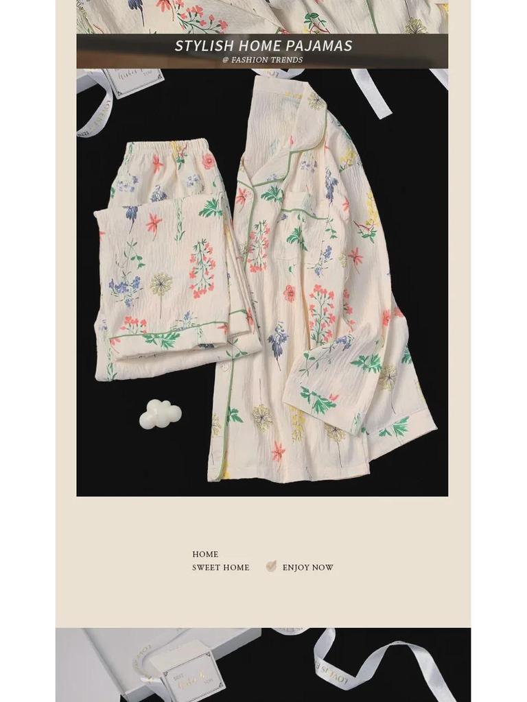 Women's French Pastoral Style Long Sleeve Pajama Set - Green Plants & Flowers Design