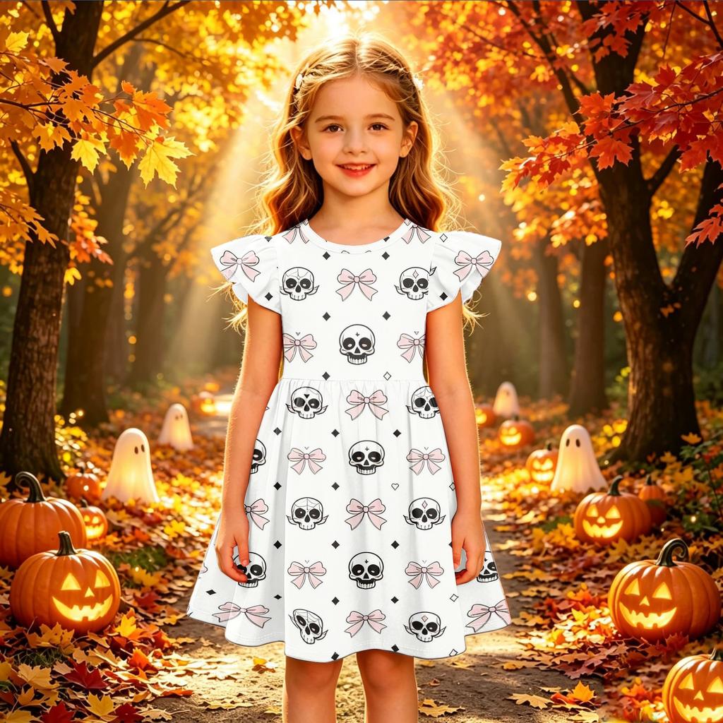 Kids Casual Halloween Printed Sleeve Dress for Party and Holiday
