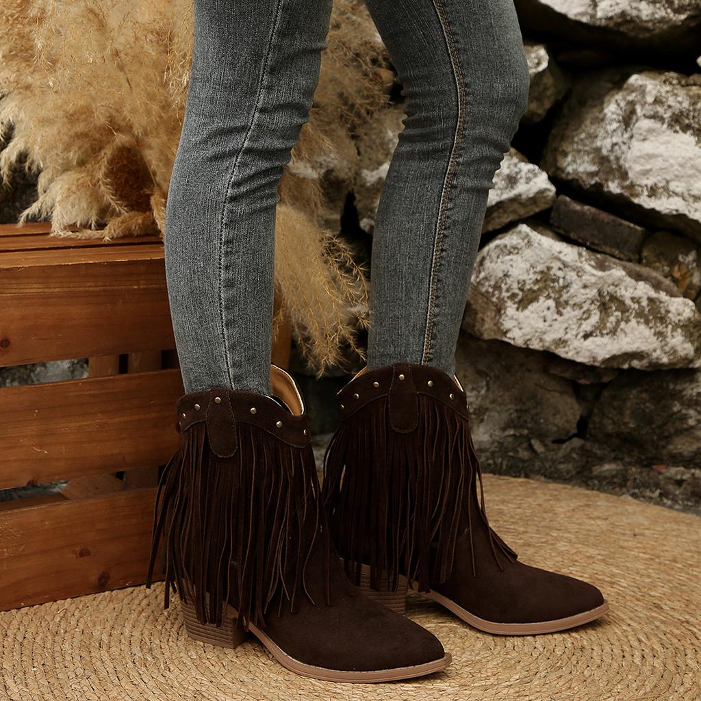 Mode 2025 Herbst Neu Retro Fransen Knöchel Geriebene Stiefel Runde Zehen Quadratische Absätze Seitlicher Reißverschluss Kurze Schuhe Damen Farbe Western Cowboy Stiefel