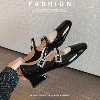 Talons Hauts Élégants Femmes Sangles à Double Boucle Chaussures Mary Jane Escarpins à Talons Bas Cuir Verni de Luxe Strass Chaussures de Soirée