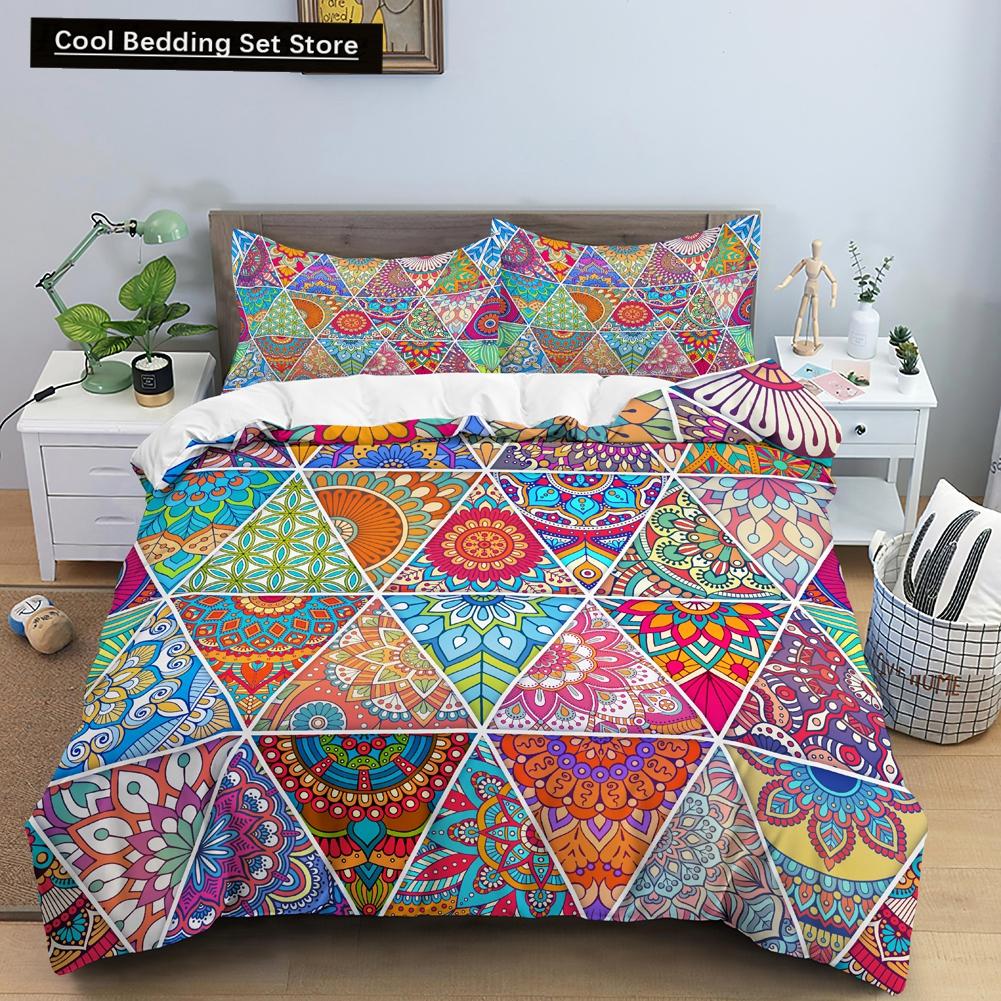 Geometric Mandala King Queen Duvet Cover Boho Ethnic Style Bedding Set for Teens Adults Mediterranean Soft Polyester Quilt Cover