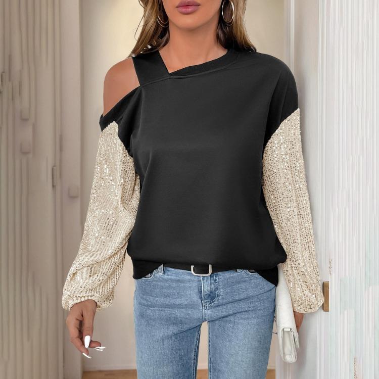 Women Off Shoulder Loose Long Sleeve Hooded Pullovers Blocked Color Sweatshirts Tops