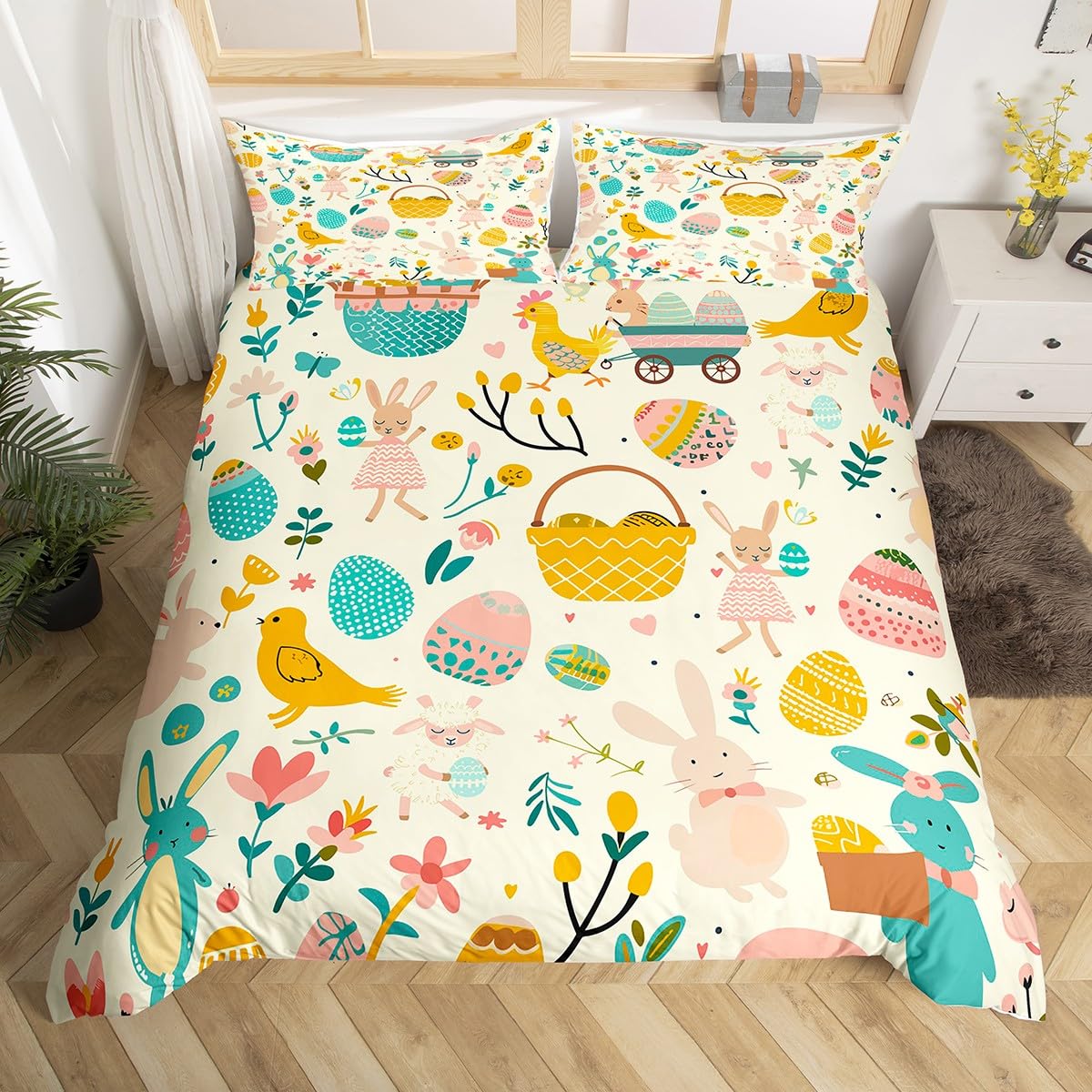 

Rabbit Duvet Covers For Children Boys Girls Kawaii Animal Comforter Covers With 2 Pillowcases 3 Pcs Bedding Sets Queen King Size EU Single(135x200cm)